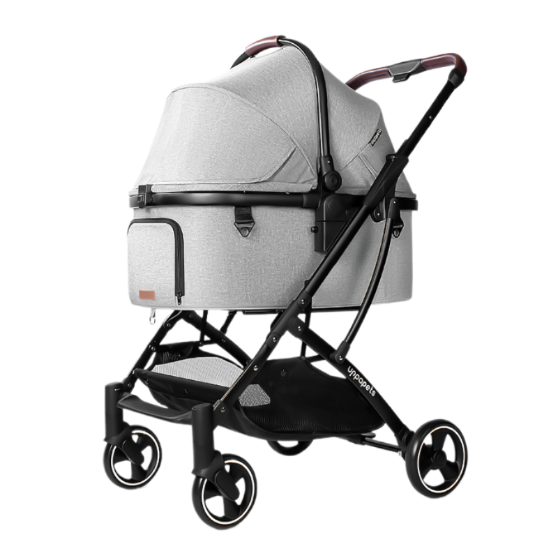 Japan Uppapets High View Double Open Convertible Pet Stroller Aroa Plus|One Car with Three-Purpose Separate Basket|Elegant Gray
