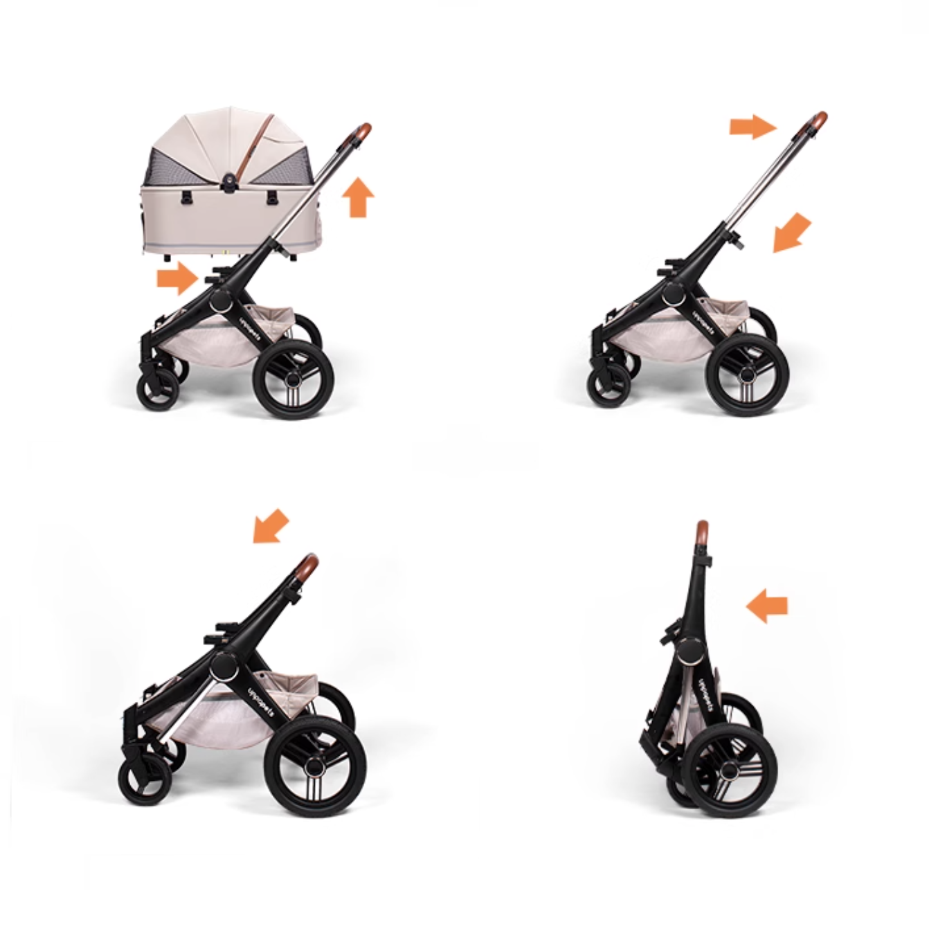 日本 Uppapets 高景觀雙開敞篷寵物推車 X-go|一車三用 分離式提籃|米杏色 - LOVE PET FAMILY