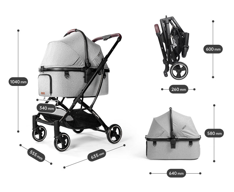 Japan Uppapets High View Double Open Convertible Pet Stroller Aroa｜Dawn Black