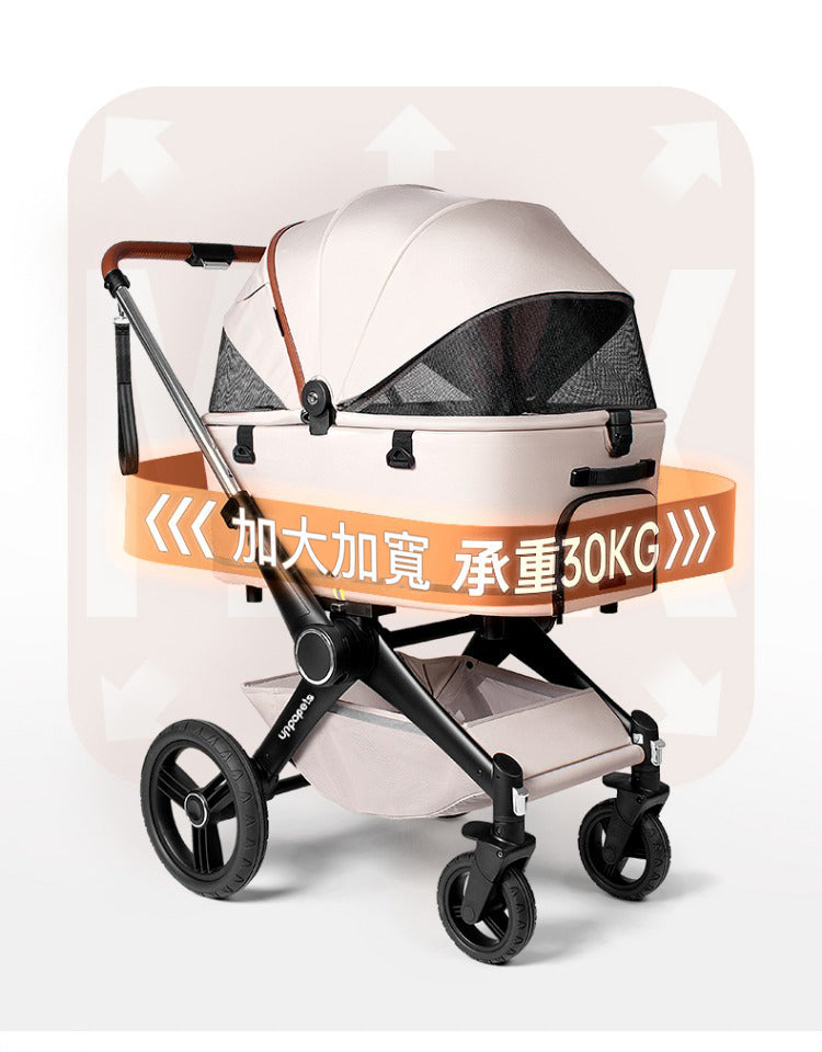 日本 Uppapets 高景觀雙開敞篷寵物推車 X-go｜一車三用 分離式提籃｜米杏色 - LOVE PET FAMILY