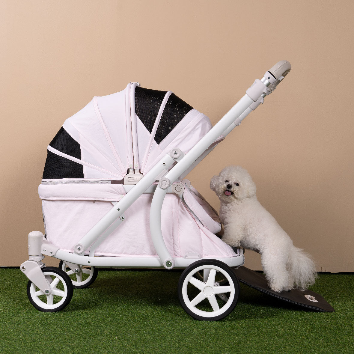 ［Wholesale］韓國 POMPOLARR PET 低重心雙開敞篷寵物推車｜一秒自動收車｜奶油粉 - 高品質 - 特價 $TWD 25800｜LOVE PET FAMILY